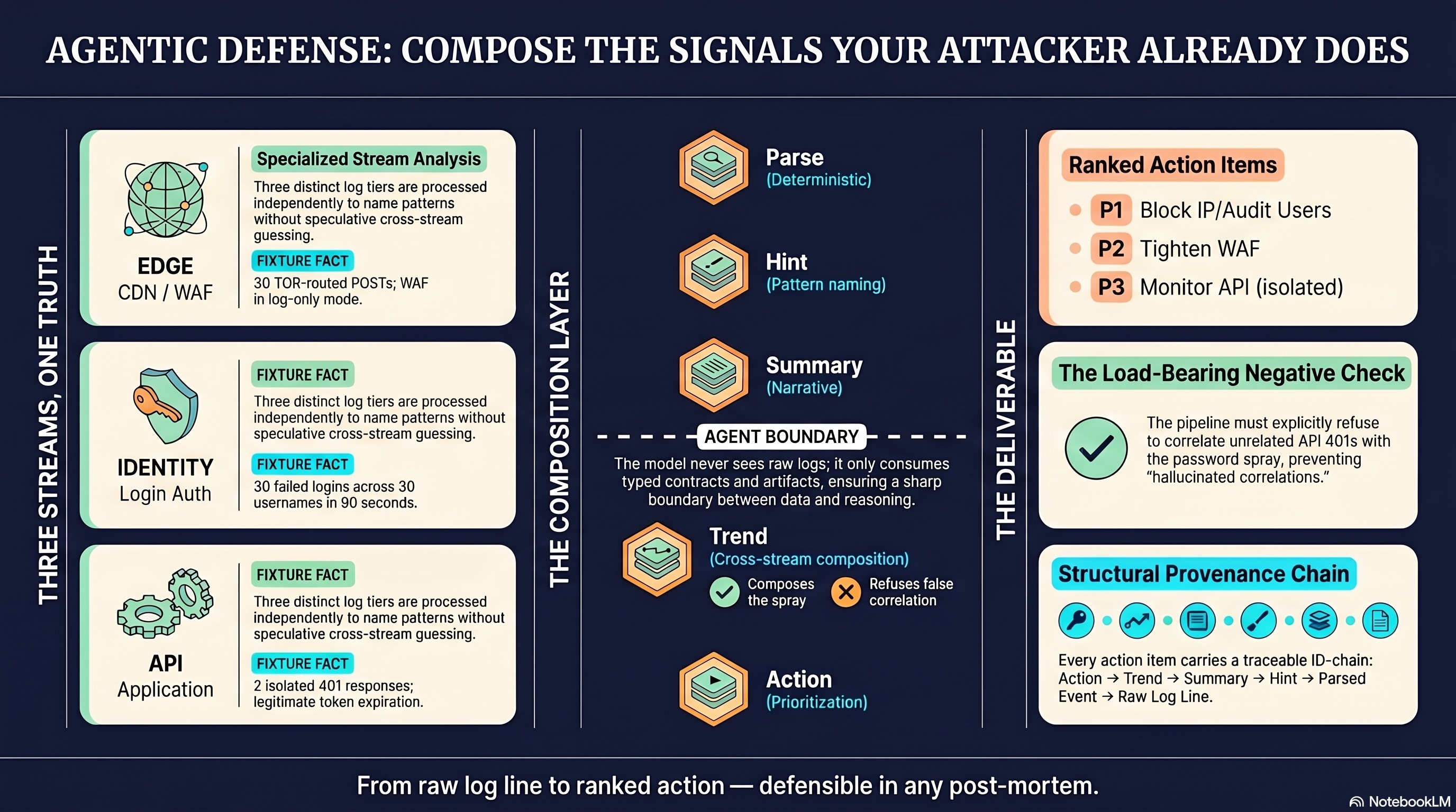 Agentic defense composition diagram. Three log streams (edge, identity, api) on the left feed a five-stage pipeline (parse, hint, summary, trend, action) split by a sharp agent boundary in the middle. The deliverable on the right is ranked action items, a load-bearing negative check that refuses to correlate unrelated api 401s with the password spray, and a structural provenance chain that walks every action back to a raw log line.